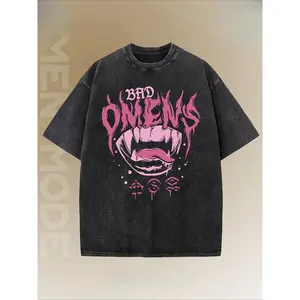 Bad Omen, Interesting Trendy Style, Dropped Shoulder Sleeves, High-quality, Thick And Heavy Weight 230g Boutique Vintage Pure Cotton Washed Craft Round Neck T-shirt, Street Style Loose Top, Short