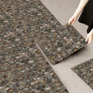 10 thickened self-adhesive floor stickers, PVC waterproof and wear-resistant leather floor stickers, art pattern, suitable for kitchen, bathroom, living room, floor installation, 11.81x11.81 inche, Interlocking Tile