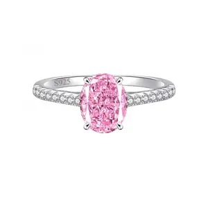 S925 Sterling Silver Oval Pink Crushed Ice Cut Cubic Zirconia Ring, Romantic Sparkling Statement Jewelry for Women, Ideal for Wedding, Engagement, Party, Date Night & Anniversary