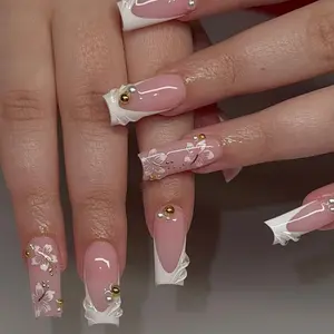 24pcs Rectangular Nude Base Fake Nails, Irregular French Tips, Hand-Drawn Flowers & Gold Beads, High Adhesion, Elegant Look, Nail Art Kits