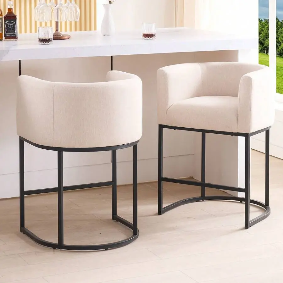 26" H Counter Height   Set Of 2, Modern Counter  With Curved Backrest And Arms, Linen Fabric Upholstered Barstools, Home  Stools Bar Faux Fur Bean Bag Sofa Print Girls Vanity White Makeup Table C-Shaped
