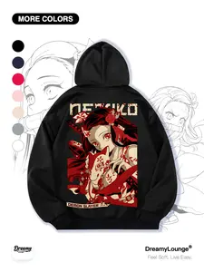 Demon Slayer Muzan Kibutsuji Graphic Print Loose Hoodie with Pockets, Casual Fitted Sweatshirt for Daily Wear and Home Use