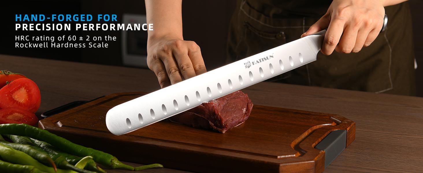 13 Inch Round Tip Ham Slicing Knife, Ultra Sharp German Premium Carbon Steel Brisket Knife Meat Cleaver