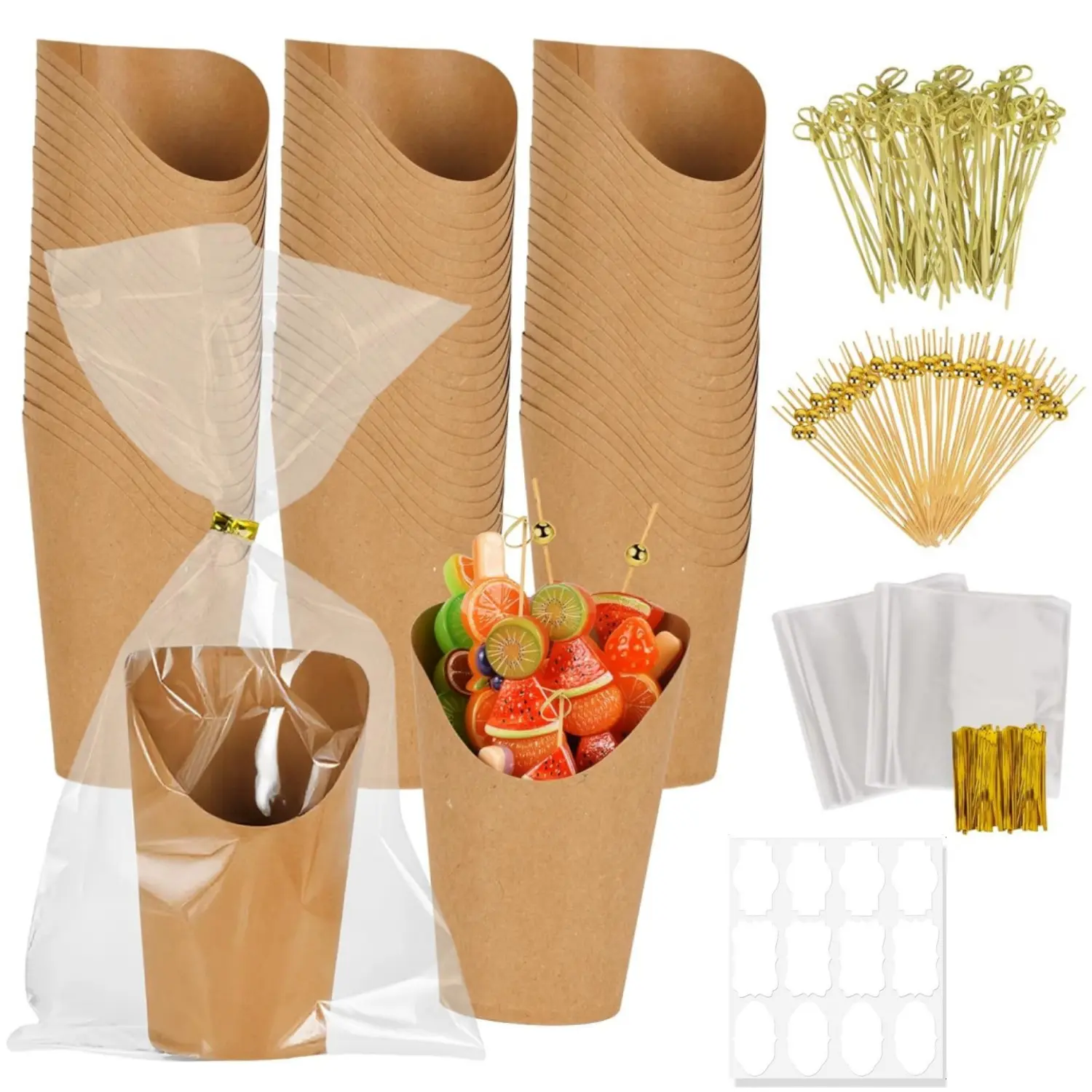 100 Pack Charcuterie Cups With Sticks, 12oz Charcuterie Cups, with 200 Cocktail Selections, 120 Labels and 100 Bags, Mini Paper French Fry Holder, Paper Cones For Food, Roast Meat Appetizer Cups For Parties