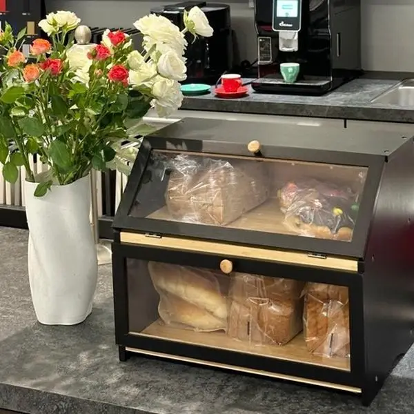 HOMEKOKO Double Layer Large Capacity Bread Box for Kitchen Counter, Wooden Black Bread Storage Bin for Kitchen Countertop, Kitchen Organiser, Pantry S