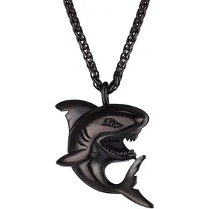 L-NKL001  Unisex Shark Necklace for Boys, Girls, Men, Women - Black Stainless Steel Chain with Shark Pendant - Fashion Jewelry Gift for Birthday, Christmas