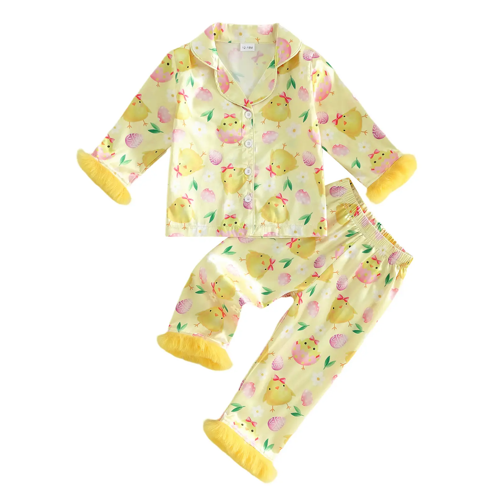 2Pcs Easter Pajamas Sets for Girls Long Sleeve Lapel V Neck Button Down Chick Egg Print Tops and Elastic Waist Pants