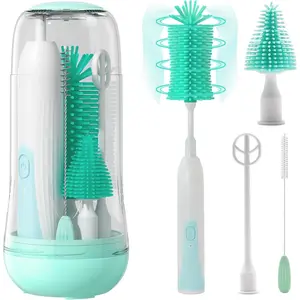 Electric Bottle Brush Cleaner, Portable Electric Baby Bottle Brush Cleaner for Travel, Rechargable Travel Bottle Cleaner Kit with Nipple & Straw Brush, Perfect Mom Essentials After Birth Gift, Green