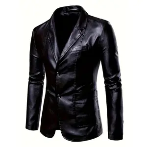 Men'S Fashion Jacket with Faux Fur Collar, Casual Short Length Solid Color Long Sleeve Blazer with Button Closure, Regular Fit, Woven Polyester Lining, Single Breasted - Polyurethane 100%