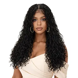22 Inch Tiny Twist Braids Wig Glueless Full Lace Knotless Box Braided Wig for African American Women Heat-Resistant Synthetic Loose Curly Senegalese Twist Braid Wig for Women Christmas Parties Daily Use