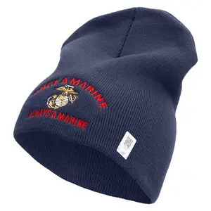 Once A Marine Always a Marine Symbol Embroidered 8 Inch Solid Knit Short Beanie Made in USA