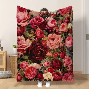 Floral Print Throw Blanket, Retro Oil Painting Style Red Roses Garden, All-Season Contemporary Home Decor Ideal for Naps Camping Travel Office Mixed Colors