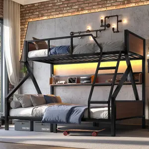 Twin XL over Queen Bunk Bed for Kids, Heavy-Duty Metal Bunk Bed with Storage Shelves and Lights, Space-saving & Noise-free Design, Black