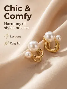 2Pcs Hypoallergenic Gold Hoop Earrings, Elegant Pearl Drop Stud Design, Luxury Pearl Dangle Hoop Earrings, Fashion Jewelry for Women Daily Wear, Wedding & Party Occasions