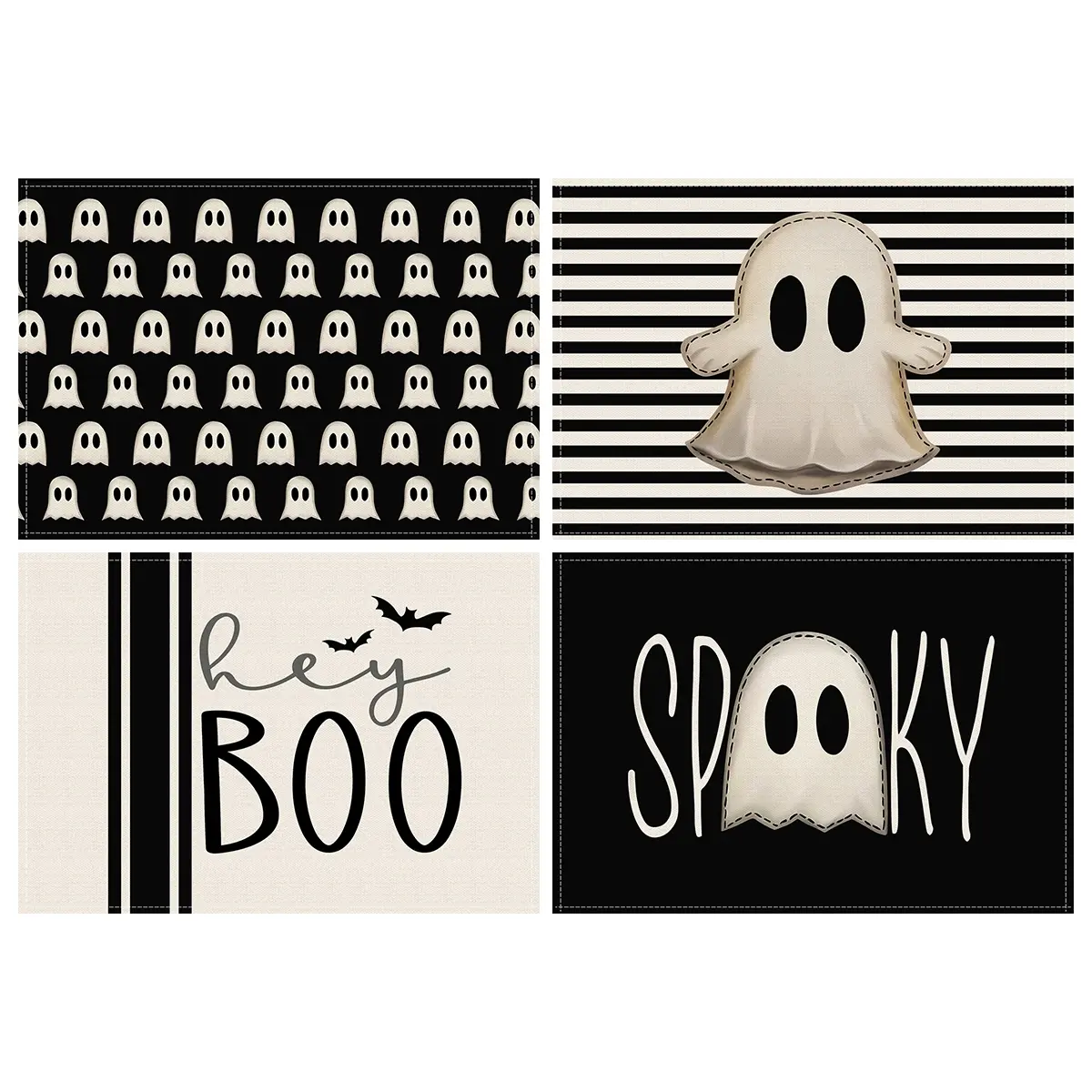 4pcs Halloween Placemats, Rectangular, Black Striped Horror Ghost Print, Halloween Party Table Decoration, Fun Placemats, Suitable for Restaurants, Kitchens, Party Gatherings, Halloween Decorations for Home, Household Placemat