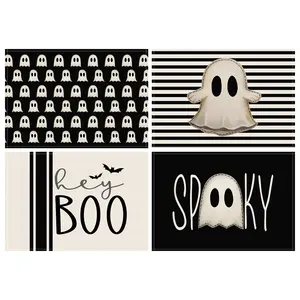 4pcs Halloween Placemats, Black Striped Horror Ghost Print Halloween Placemats, Halloween Party Table Decoration Placemats, Halloween Fun and Funny Placemats, Suitable for Restaurants, Kitchens, Party Gatherings Halloween Decorations for Home