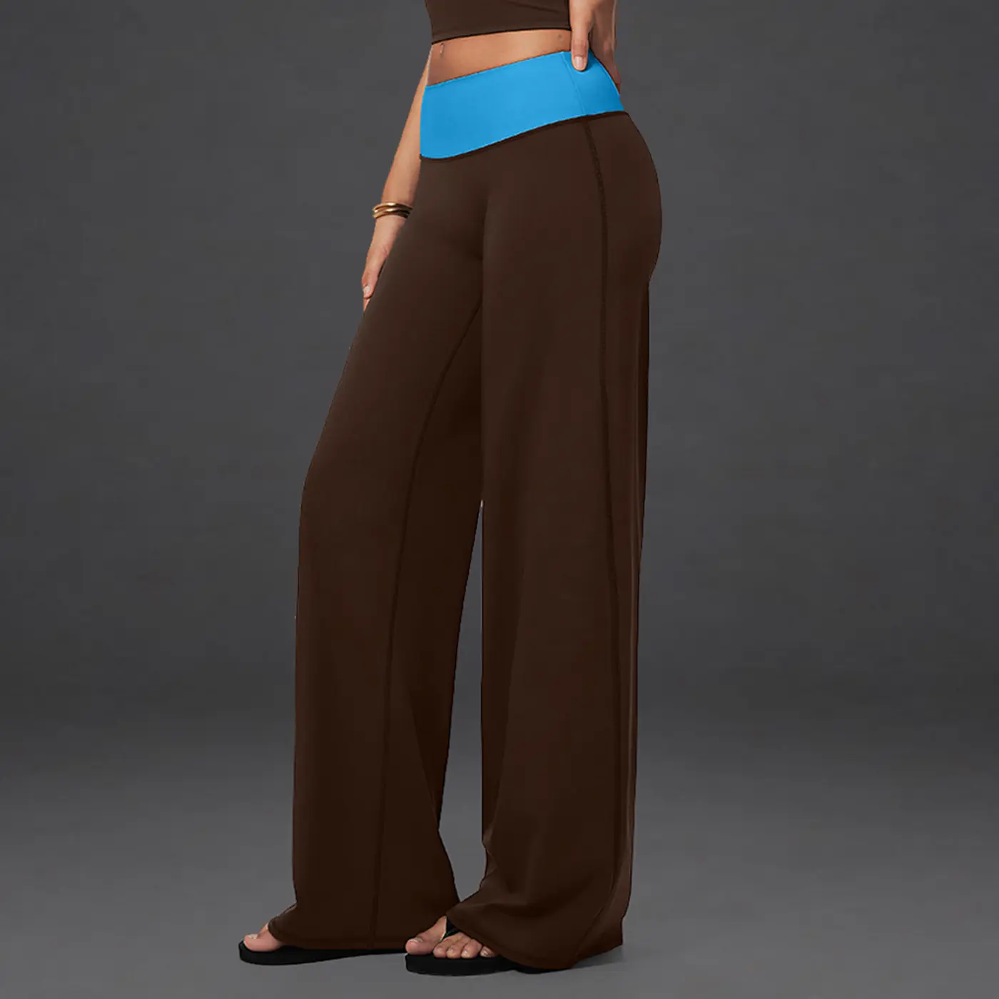 Calorie Club Fold‑Over Contrast Waist Wide‑Leg Pants, High Waist Soft Stretch Flowy Yoga Pants, Casual Lounge Trousers for Women