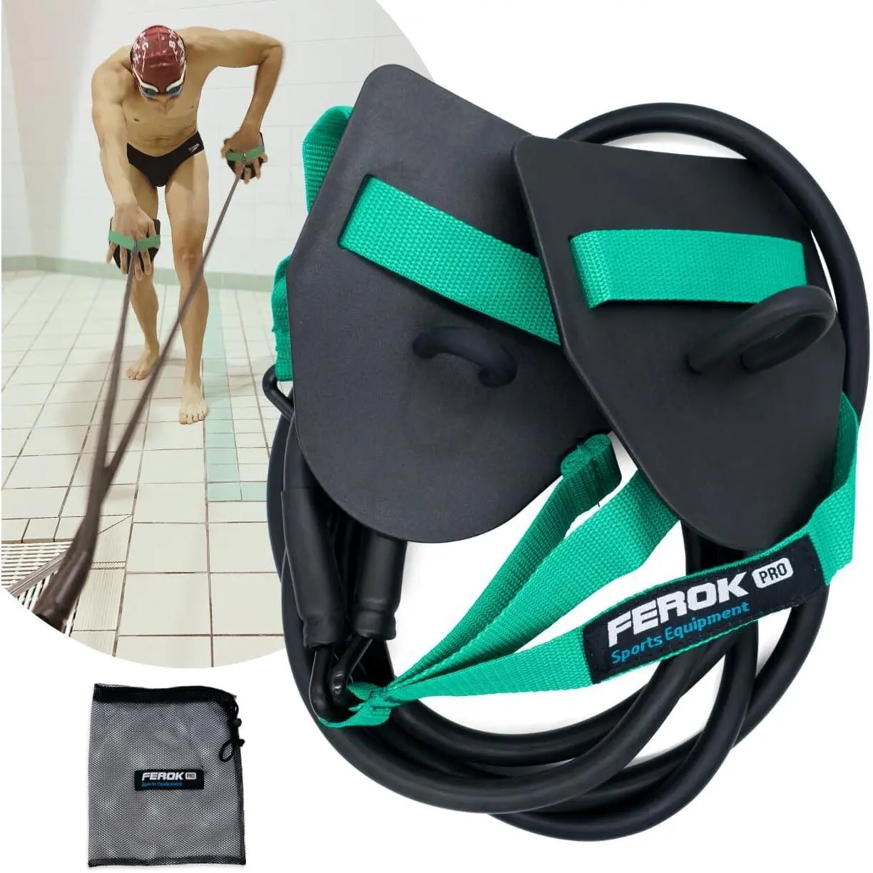 Swimming Resistance Band with Hand Paddles, Stretch Cord, Fitness Bands for Swimming, Training Equipment, Arm Strength Exercise, Powercord - Including Exercises - Medium Green