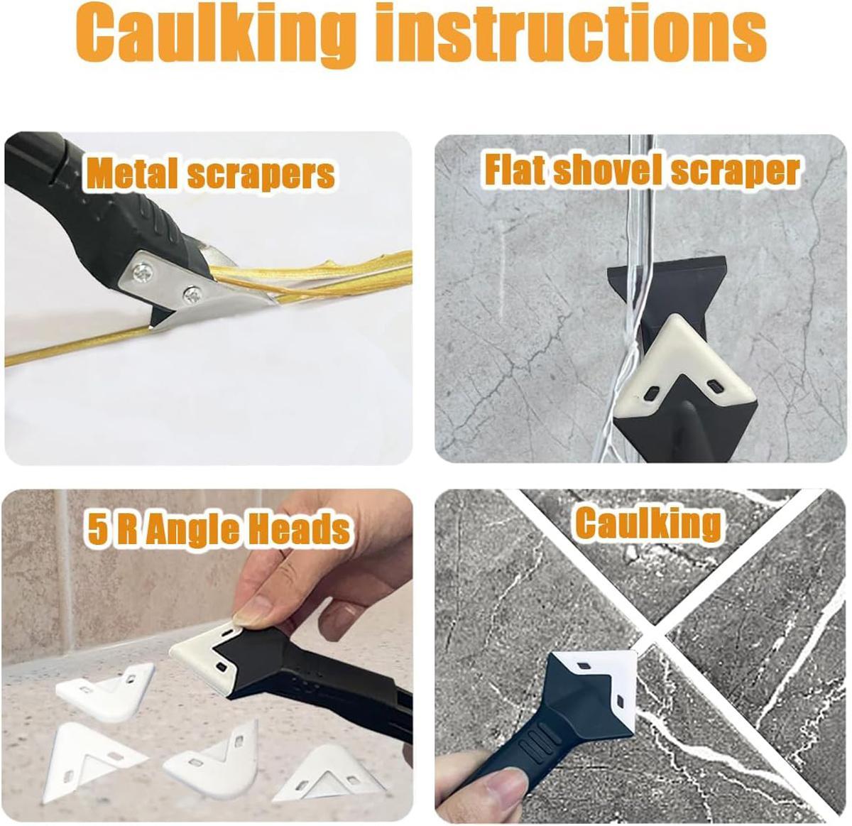 Caulking Tools Kits 9pcs in Pack, 3in1 Silicone+Stainless Steelhead,Sealant Finishing Tool Grout Scraper,Reuse and Replace 5 Silicone Pads,Great Tools for Kitchen Bathroom Window,Sink Joint