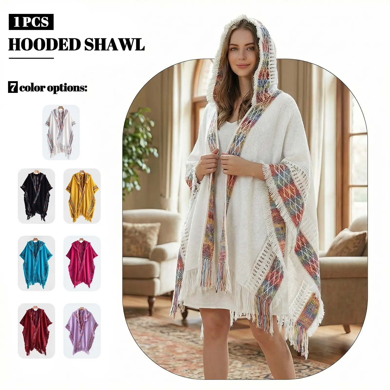 Boho Hooded Shawl, 7 Colors UV Protection Beach Cover Up, Bohemian Cover Up, Summer Coverup, Wearable Blanket with Tassels, Ideal for Vacation & Daily Use
