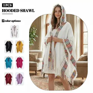 Boho Hooded Shawl, 7 Colors UV Protection Beach Cover Up, Wearable Blanket with Tassels, Ideal for Vacation & Daily Use