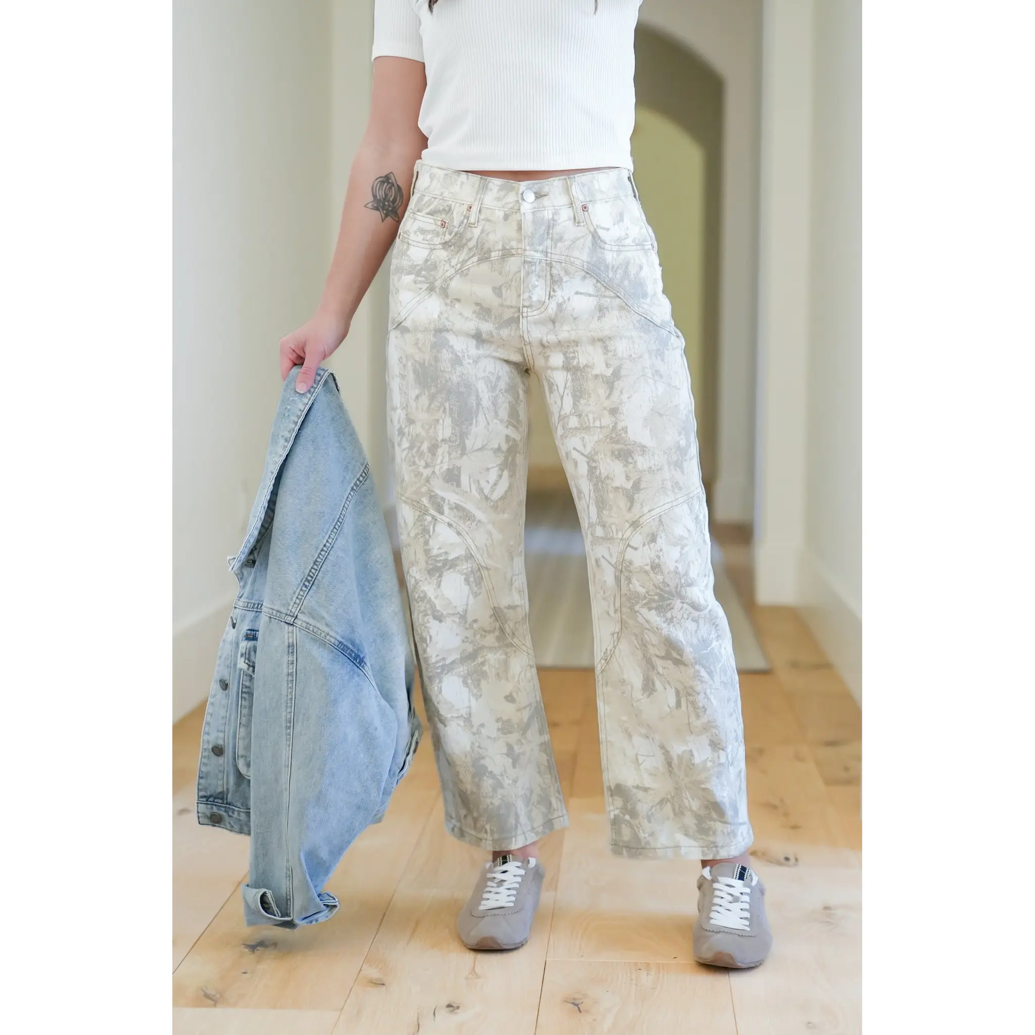 Restock! Saige High Rise Sand Tummy Control Barrel Camo Jeans