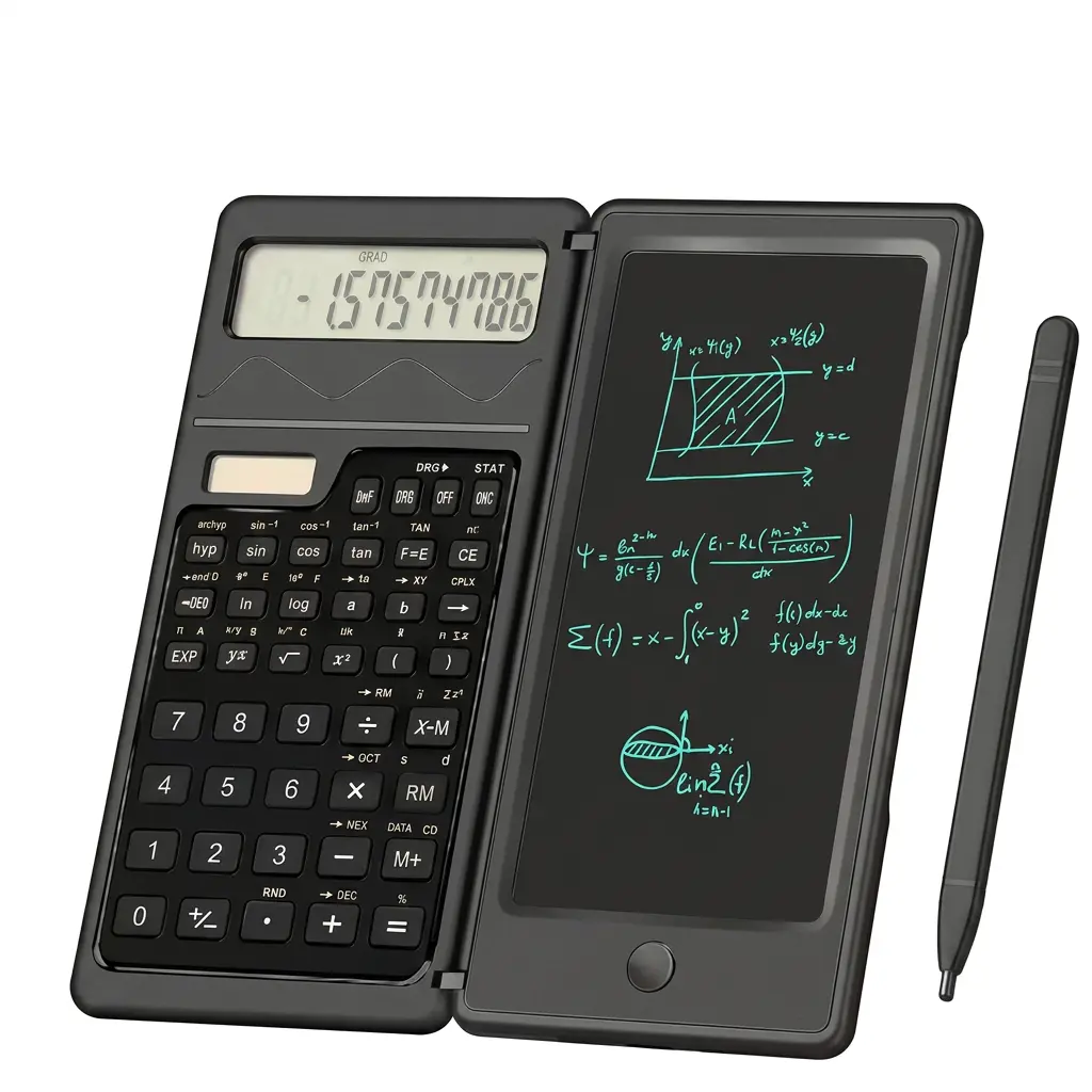 Rechargeable Scientific Calculators, Solar, Writing Pad, Foldable Hard Case, 4-Line Written Display Advanced Calculators for Students School Engineering, Dual Power, Black