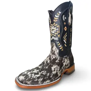 Men's Western Boots Hair-On Cowhide Look Embroidered Shaft Square Toe Real Leather Construction Comfortable Fit for Everyday Wear