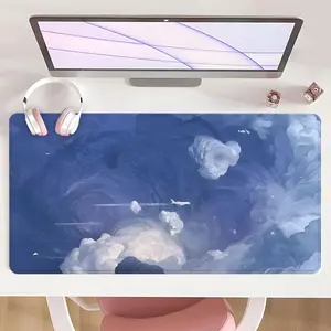[Mouse Desk Pad] Non-Slip Mouse Pad Large Gaming Mouse Pad With Rubber Base & Stitched Edge Dreamy Blue Sky Cloud Plane Artistic Design Desk Top Protector Mat For Home Office Christmas Gift