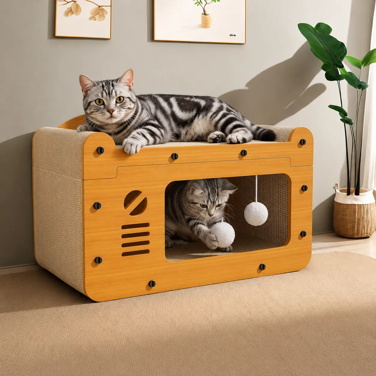 Wooden Standing Cat Scratching Board and Bed - Modern, Odor-Free, Durable Wear-Resistant, Loose Flake Shedding, Multi-Use All-Season Pet Cat House, Toy and Sleeping Area