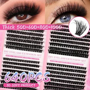 640pcs D-Curl Individual Eyelashes Set, 8-16mm Mixed Length, Includes Glue, Sealant, Tweezers, DIY Eyelash Extensions False Lashes Kit for Beginners