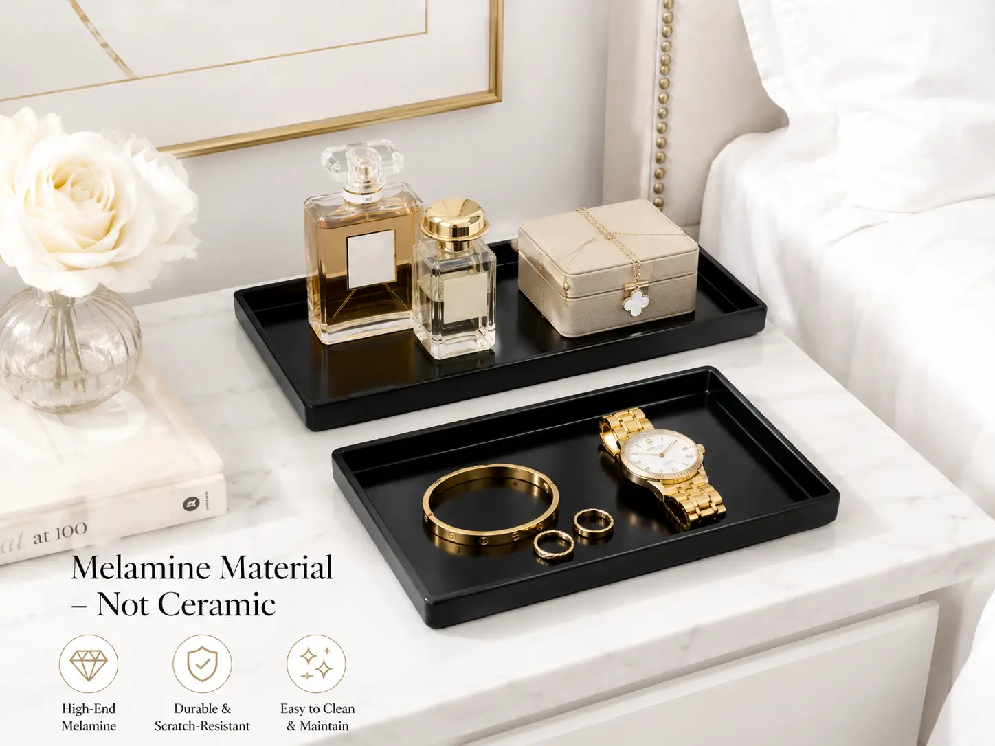 2-Piece Black Melamine Vanity Tray Set, 13 in & 8.7 in Rectangular Jewelry & Perfume Organizer Trays for Bathroom Counter, Dresser, Nightstand, Office Desk and Entryway