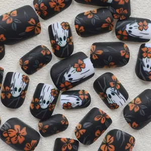 24PCS Matte Orange Short Square Nails – Halloween Press-On Nails with Ghost, Branch, Flower & Leaf Designs | Reusable Stick-On Acrylic False Nails for Women & Girls