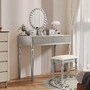 Dreamzon Luxury Vanity Desk with Round Mirror,Height-Adjustable, Stylish Dressing Table Set, 4 Drawers & Stool, Silver