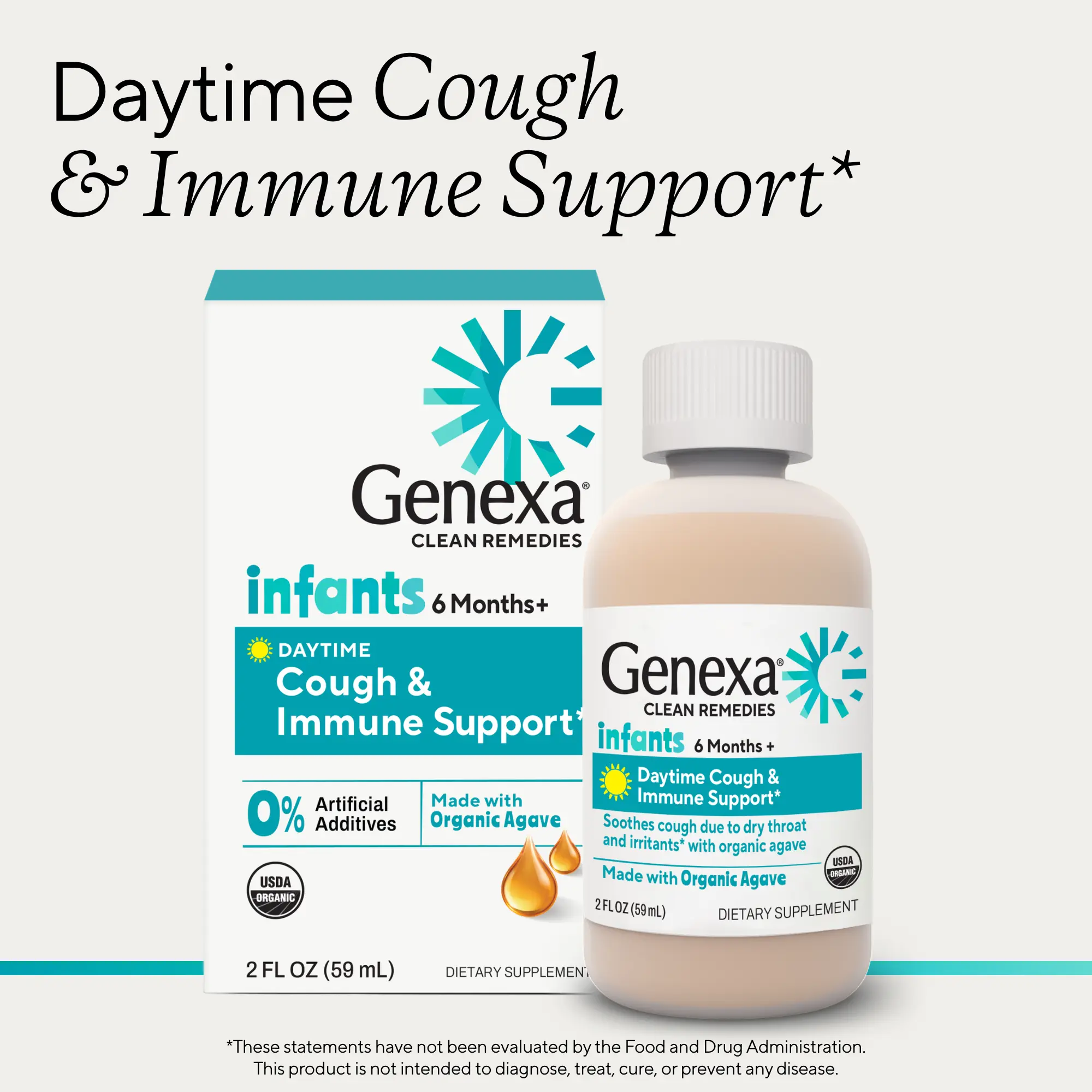 Genexa Baby Cough & Immune Support Made Clean for Infants 6-12 Mo, 2 Fl Oz | Organic Agave + Zinc | Dye Free, 0% Artificial Additives | Soothes Cough Due to Dry Throat and Irritants with Organic Agave & Supports Immune Health in Babies & Toddlers