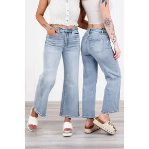 Risen Secret Sauce High Rise Medium Wash Cropped Wide Leg Jeans