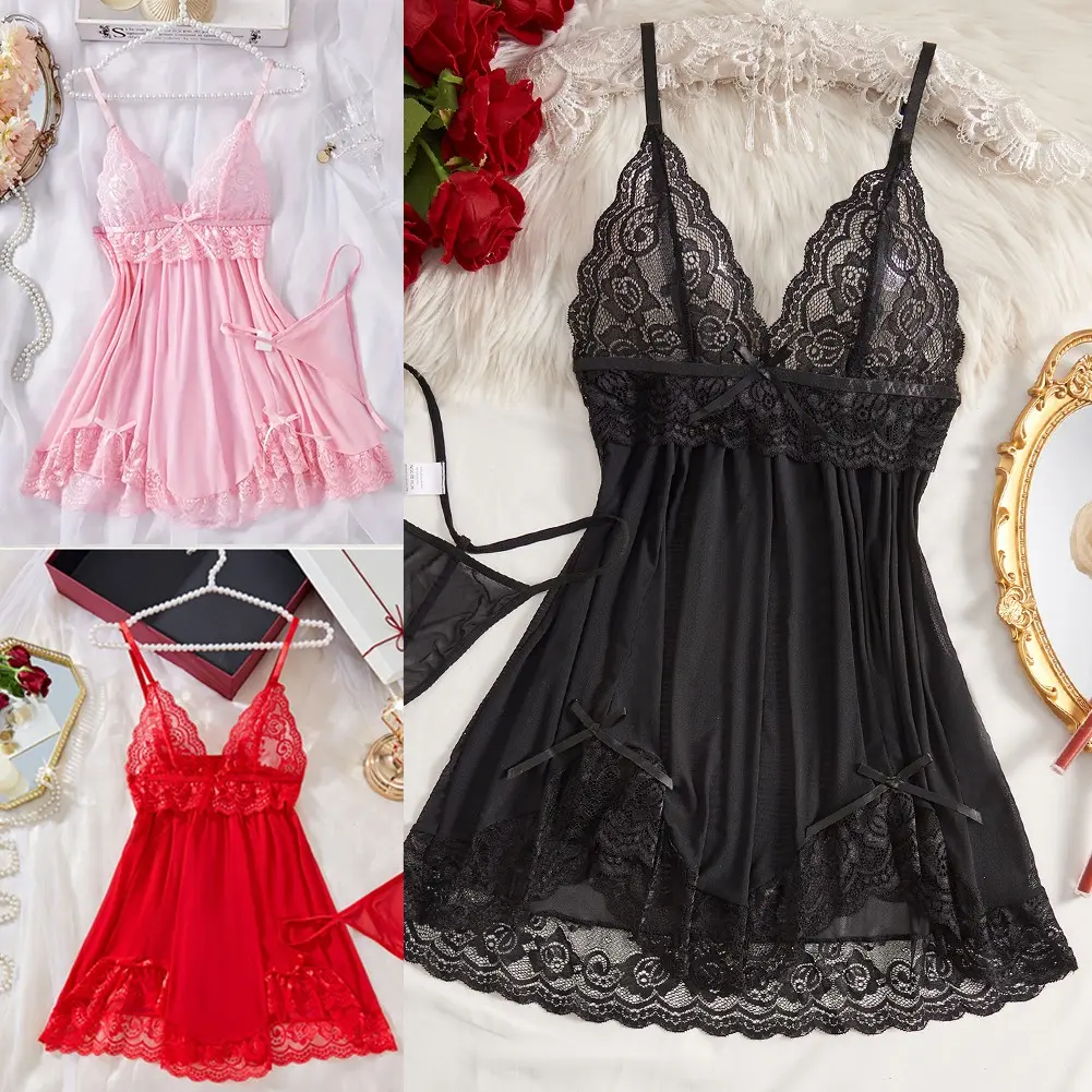 Sexy Lingerie Women Lace Trim Babydoll V-Neck Nightwear Sleepwear Sheer Dress G-Thong