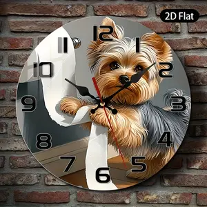 Single piece, 2D flat wall clock, with a pattern of a Yorkshire terrier cub playing with toilet paper, suitable for decorating bathrooms, living rooms, bedrooms, kitchens, and offices