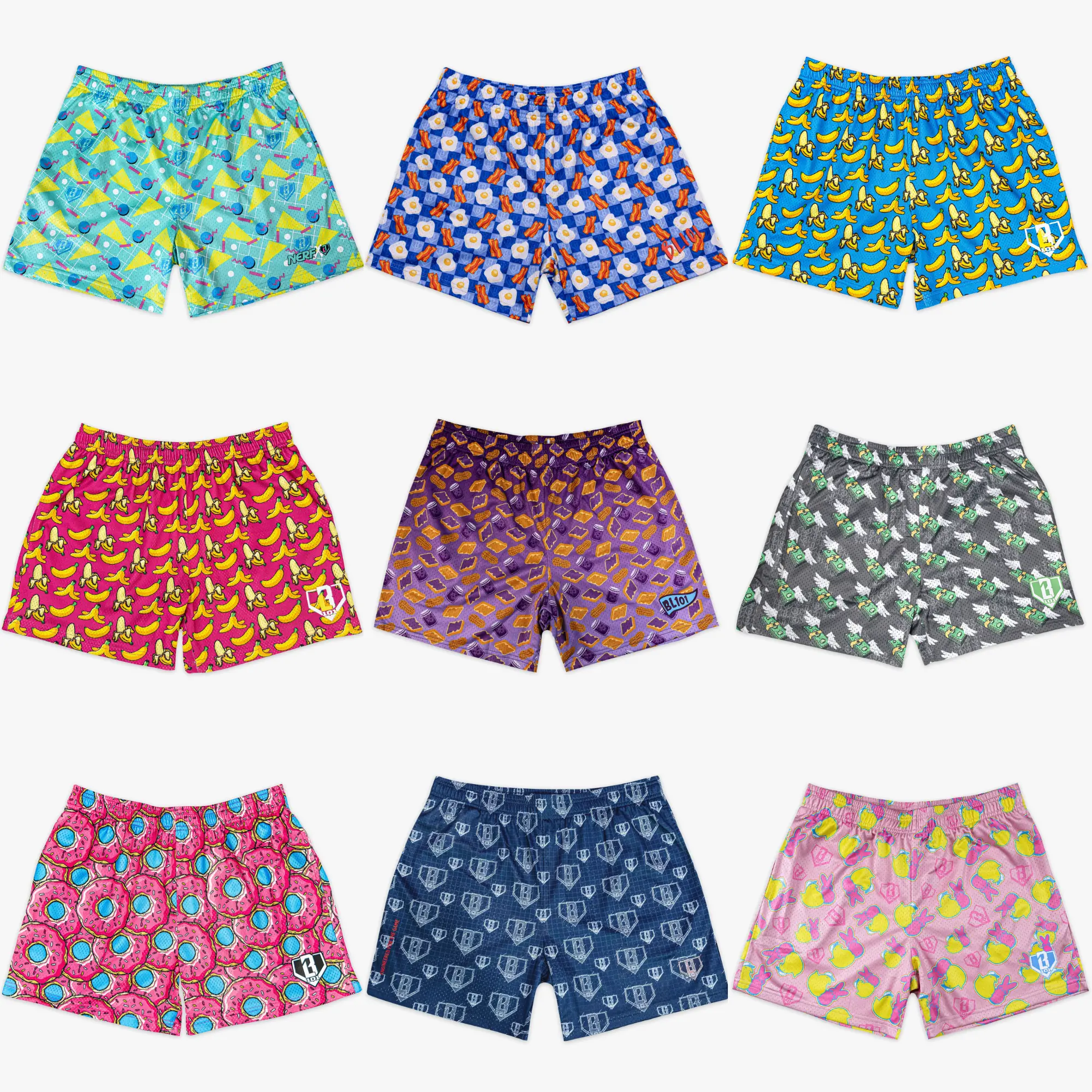 Baseball - Lifestyle - 101 | Premium Men's Graphic Mesh Shorts – Luxury Streetwear & Athletic Gym Shorts: Breakfast Bacon & Eggs, Pink Frosted Donuts, Flying Cash, Lemons & Diamonds, Retro 90s Geometrics Pack