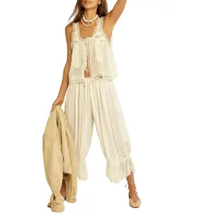 Women Y2k Lace Trim 2 Piece Pajamas Set Tie Front Button Tank Top and Long Bloomer Pants Pj Set Loungewear