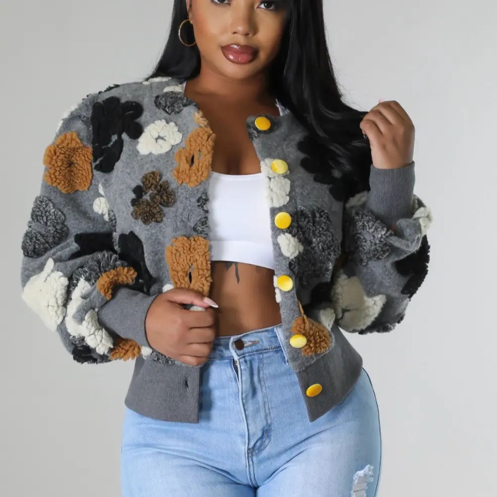 Flower Puff Sweater Jacket Floral