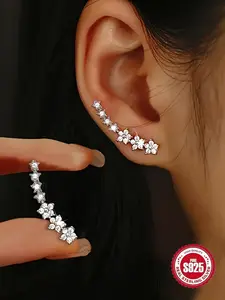 S925 Sterling Silver Rhinestone Decorated Earrings, Fashionable Flower & Star Design Earrings for Women, Trendy All-match & Exquisite Jewelry for Birthday Gift, Zircon Stud Earrings