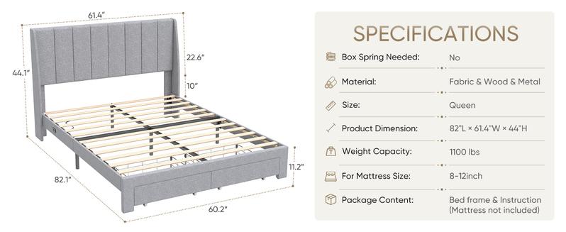 Upholstered Bed Frames With 2 Storage Drawers，Channel Tufted Headboard,Fabric Wrapped Legs,Elegant Platform Bed With Ample Underbed Storage