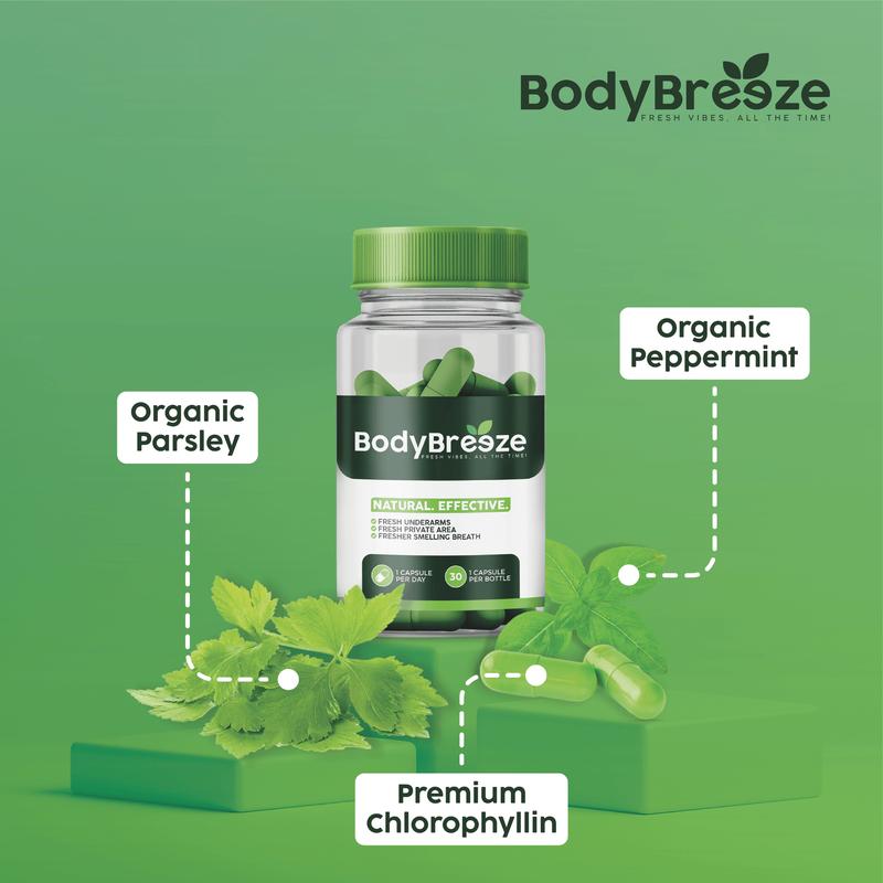 BodyBreeze Internal Body Deodorizer - 30 Capsules for Odor Control Full Body Detox & Gut Health Support with Chlorophyll Natural Odor Eliminator Cosmetic - Antioxidant Dietary Supplement