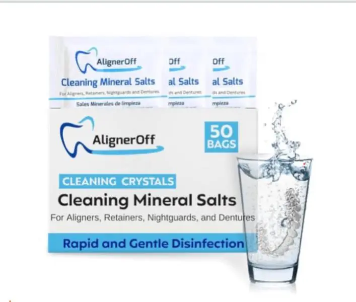 AlignerOff Cleaning Mineral Salts Cleaner Crystals for Aligners Retainers Nightguards & Dentures Removes Stains Plaque Odors Daily Safe Formula Oral Care Cleansing Cleanser