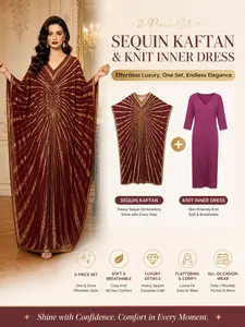 Women's Elegant Two-Piece Kaftan Set, Luxurious Sequin Batwing Jacket, Turkish Arab Abaya Dress, V-Neck Embroidery, Formal Evening Wear