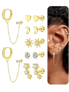 Stainless Steel Zircon Earrings Set, High Quality Earrings, Heart Design Cz Rhinestone Dangle, Soft Ear Bone Studs, Party Body Jewelry Gift