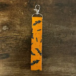 Bats Stars & Moons on Orange Fabric Keychain Wristlet