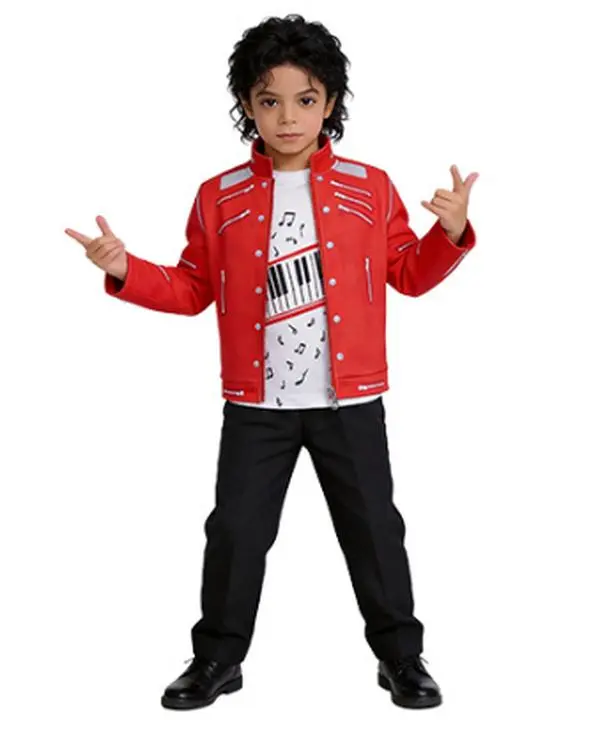Kids Singer Cosplay Costume Set, Children Red Zipper Decor Jacket with Piano Print T-Shirt and Black Pants, Boys Halloween Music Star Role Play Outfit