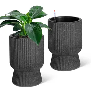 14.2" Tall Planters Set of 2,Large Indoor/Outdoor Self-Watering Flower Pots with Built-in Drainage,Water Level Monitor & Wheels for Patio,Porch,Black